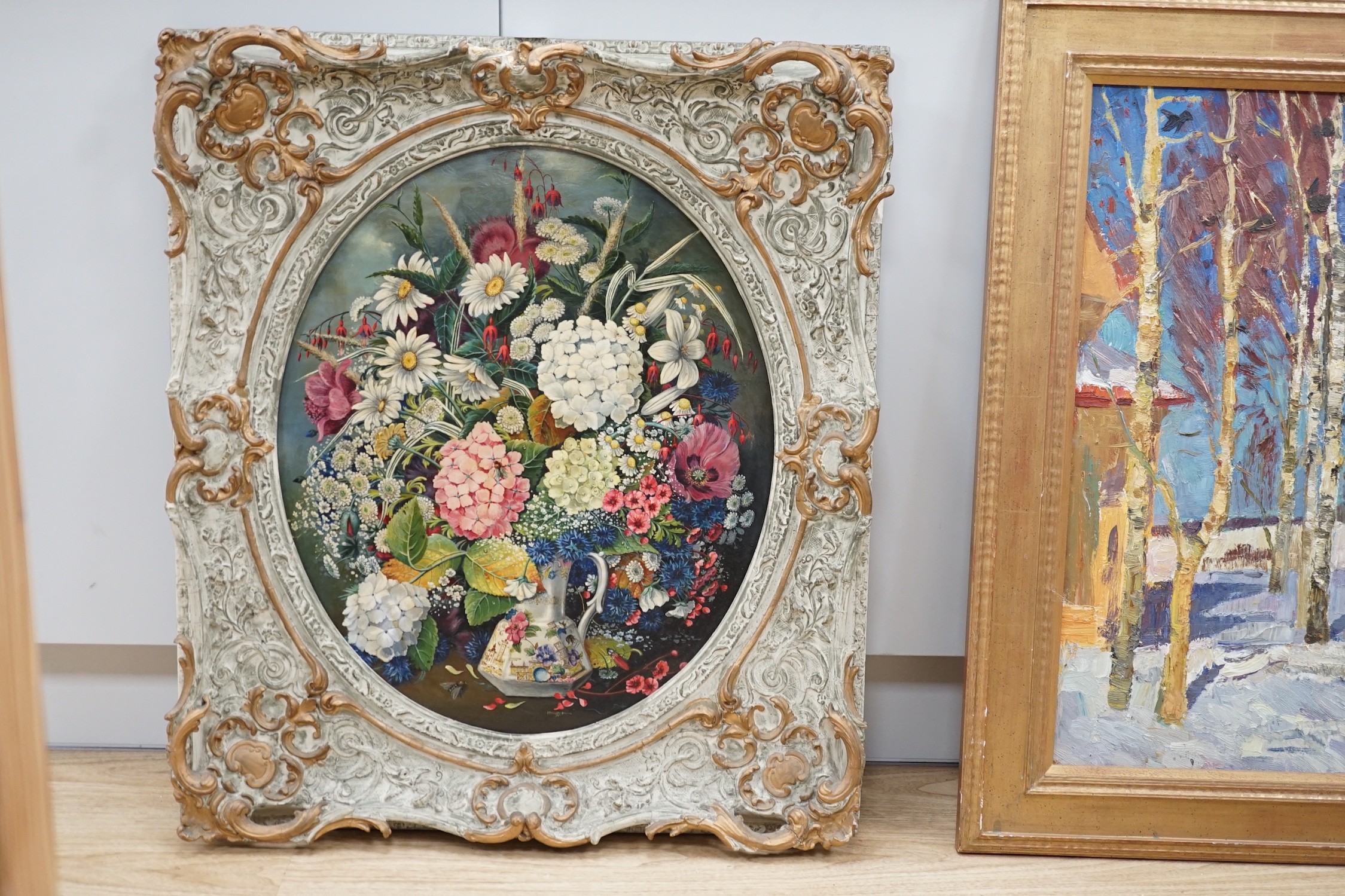 Middleton Holding, oil on canvas, Still life of flowers in a jug, signed and dated 1946, painted to the oval, 59 x 49cm